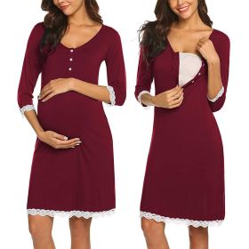 Pregnant Women Breastfeeding Five-point Sleeve Dress (Option: Red wine-2XL)