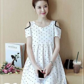 Polka Dot Loose Short Sleeve Off-The-Shoulder Mid-Length Maternity Dress (Option: White-M)
