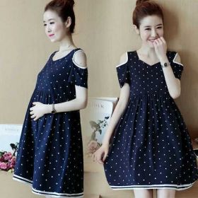 Polka Dot Loose Short Sleeve Off-The-Shoulder Mid-Length Maternity Dress (Option: Blue-M)